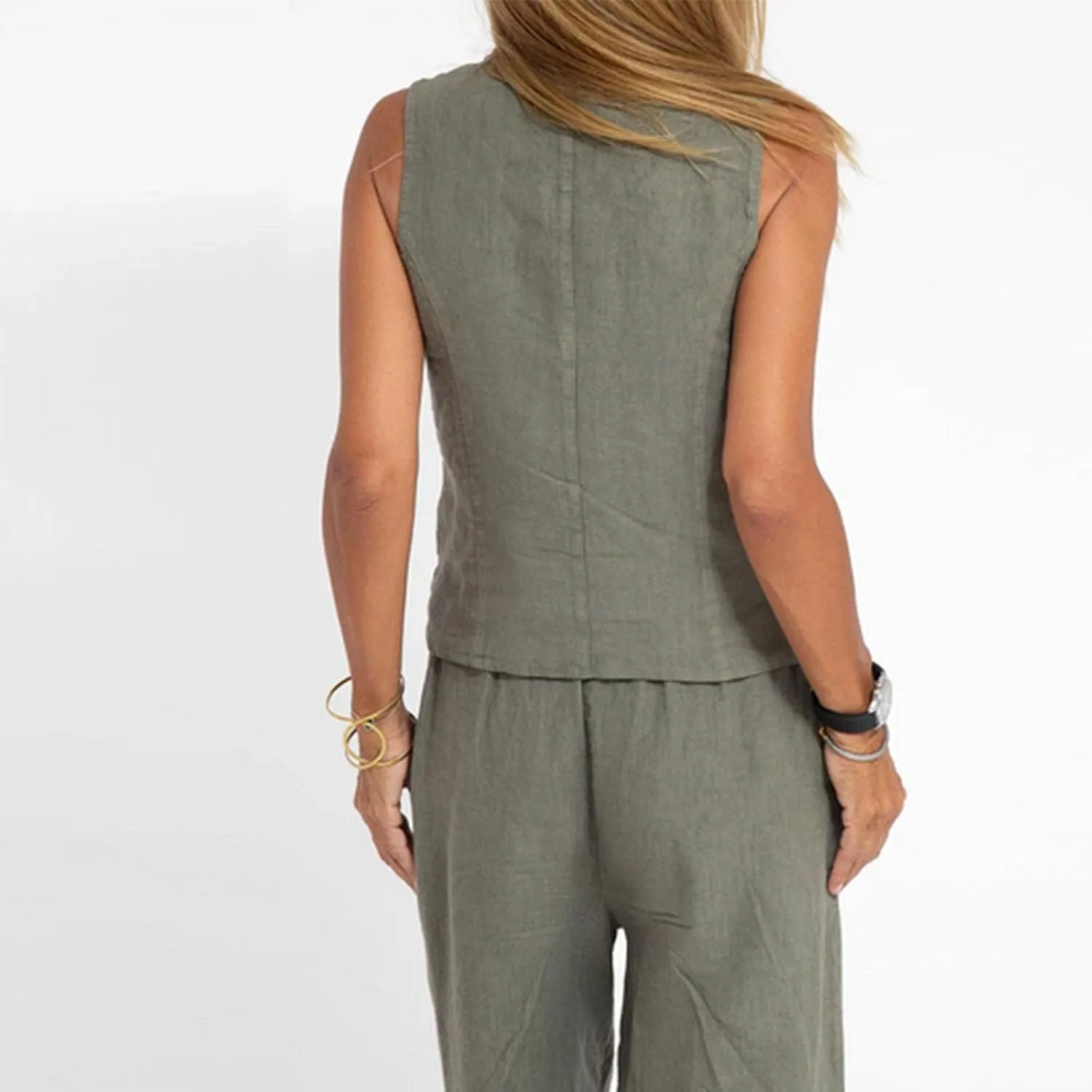 Womens Blazer Set Sleeveless V Neck Vest Tops Waistcoat and Cotton Linen Pants 2 Piece Vest Suit Casual Matching Set