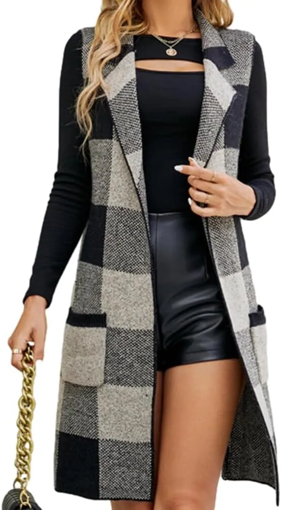 Womens Buffalo Plaid Vest Lapel Open Front Sleeveless Jacket Cardigan Jacket Coat with Pockets Long Suit Collar