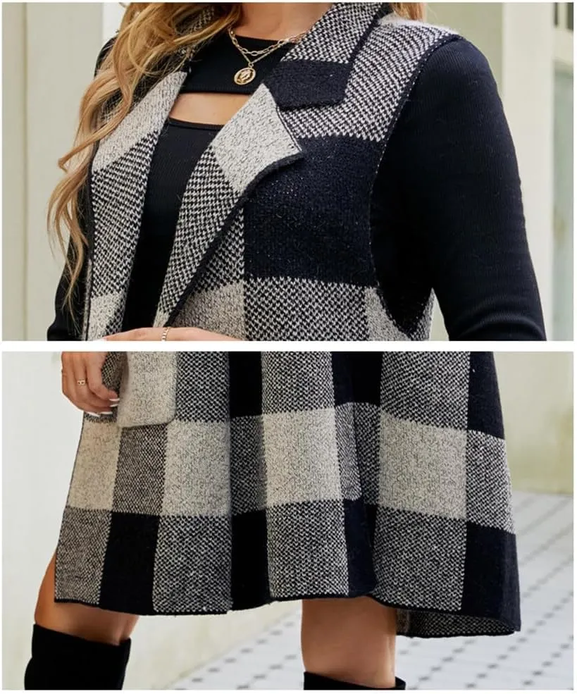 Womens Buffalo Plaid Vest Lapel Open Front Sleeveless Jacket Cardigan Jacket Coat with Pockets Long Suit Collar