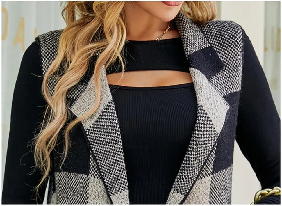 Womens Buffalo Plaid Vest Lapel Open Front Sleeveless Jacket Cardigan Jacket Coat with Pockets Long Suit Collar