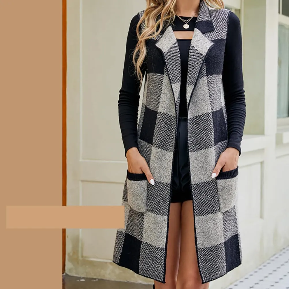 Womens Buffalo Plaid Vest Lapel Open Front Sleeveless Jacket Cardigan Jacket Coat with Pockets Long Suit Collar