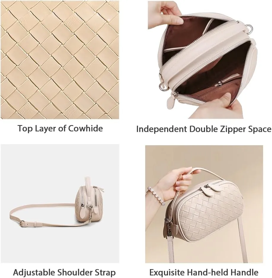 Women's Genuine Leather Crossbody Bag - Small Adjustable Strap Woven Purse, Multi-Pocket Handbag for Everyday Use