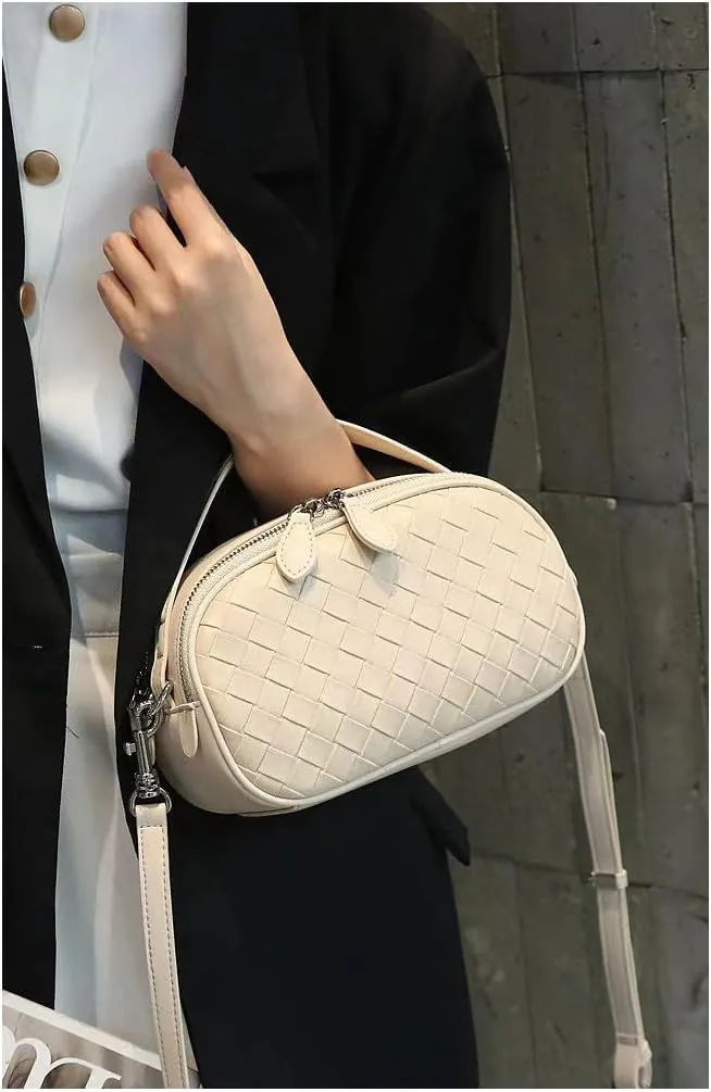 Women's Genuine Leather Crossbody Bag - Small Adjustable Strap Woven Purse, Multi-Pocket Handbag for Everyday Use