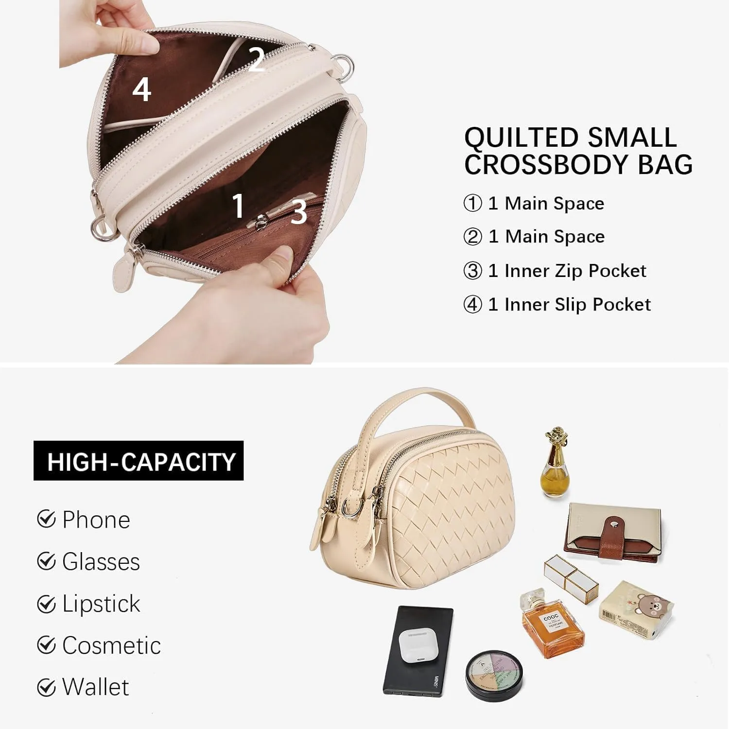 Women's Genuine Leather Crossbody Bag - Small Adjustable Strap Woven Purse, Multi-Pocket Handbag for Everyday Use