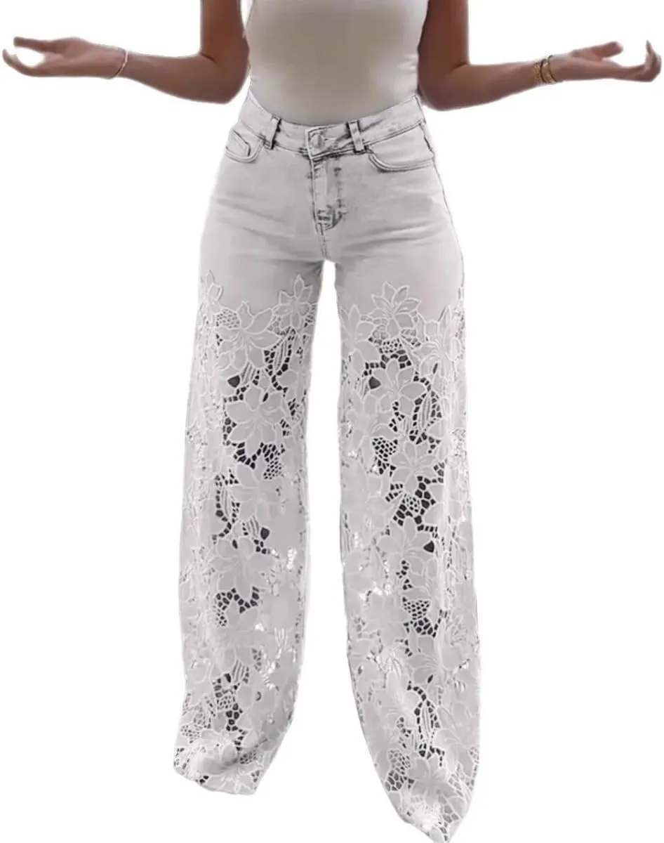Women's Lace Patchwork Hollow Jeans,Lace Pants for Women Sexy,Y2k Jeans Embellished Wide Leg Jean for Women