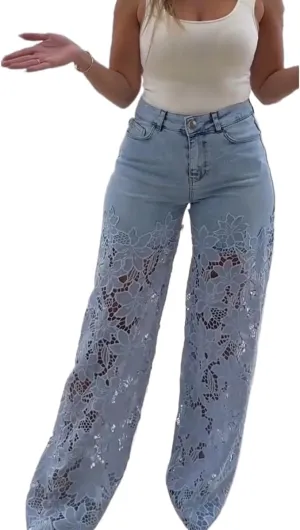 Women's Lace Patchwork Hollow Jeans,Lace Pants for Women Sexy,Y2k Jeans Embellished Wide Leg Jean for Women