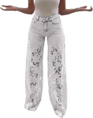 Women's Lace Patchwork Hollow Jeans,Lace Pants for Women Sexy,Y2k Jeans Embellished Wide Leg Jean for Women