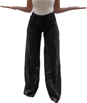 Women's Lace Patchwork Hollow Jeans,Lace Pants for Women Sexy,Y2k Jeans Embellished Wide Leg Jean for Women