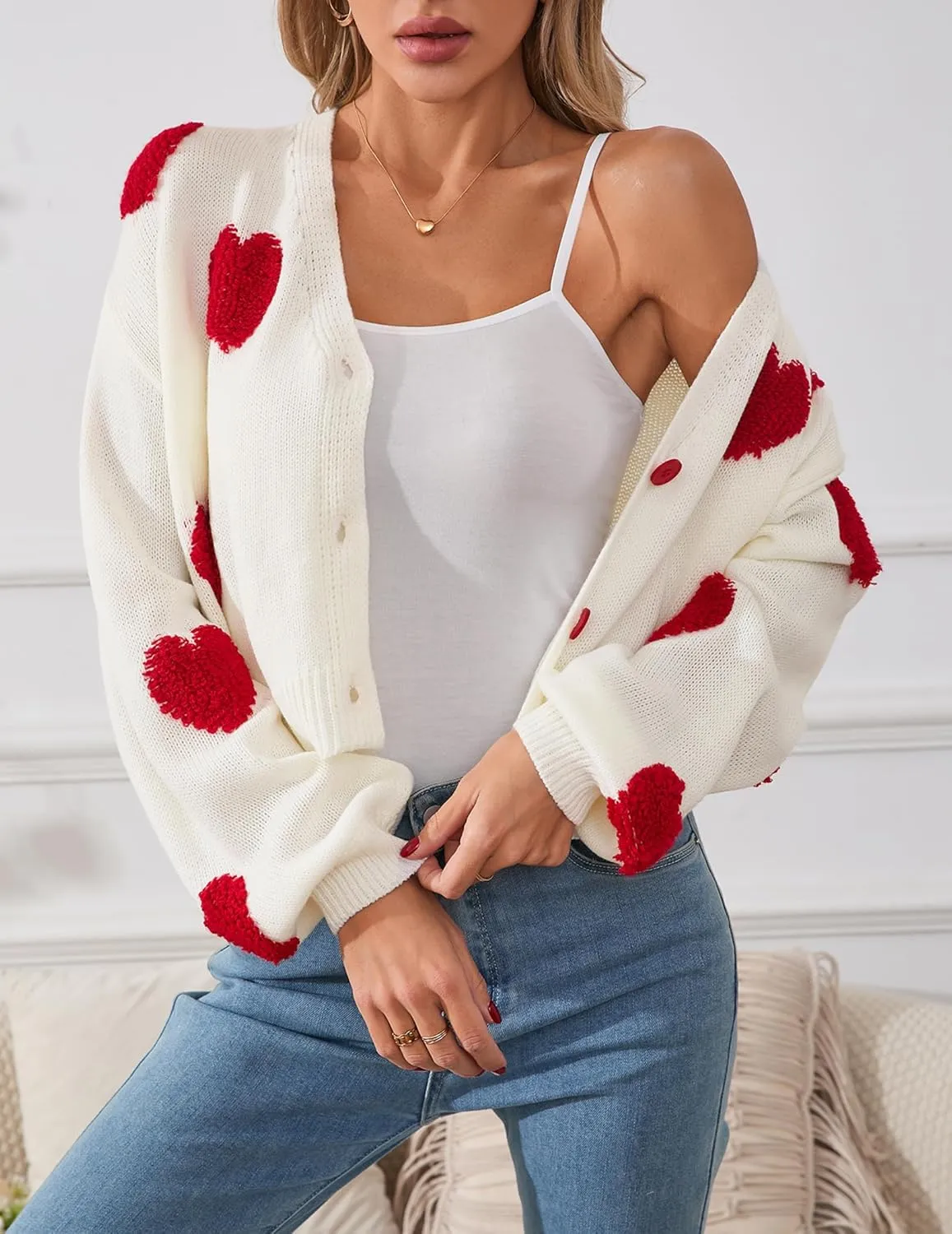 Womens Oversized Cute Heart Cropped Cardigan Spring 2025 Trendy Lightweight V Neck Button Sweater