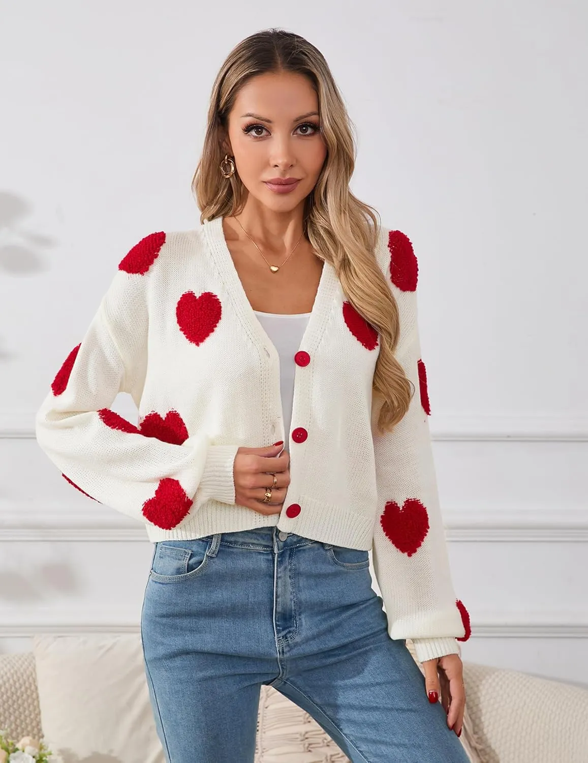 Womens Oversized Cute Heart Cropped Cardigan Spring 2025 Trendy Lightweight V Neck Button Sweater