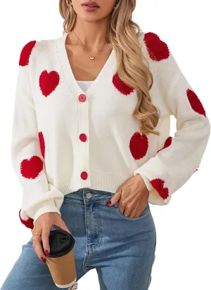 Womens Oversized Cute Heart Cropped Cardigan Spring 2025 Trendy Lightweight V Neck Button Sweater