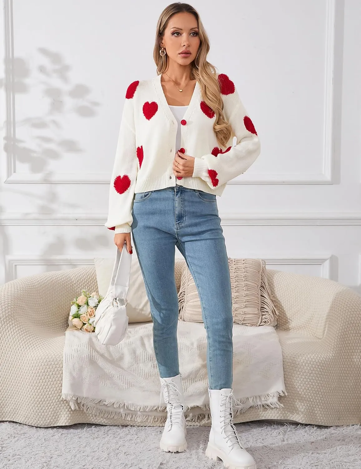 Womens Oversized Cute Heart Cropped Cardigan Spring 2025 Trendy Lightweight V Neck Button Sweater
