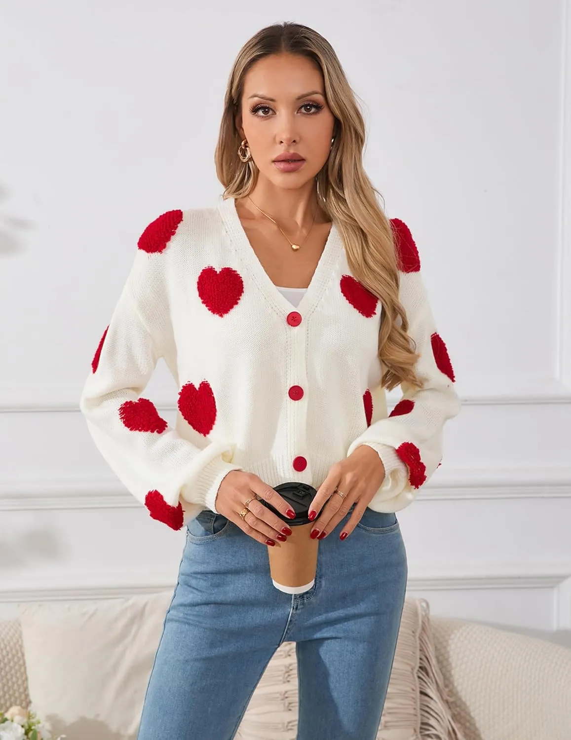 Womens Oversized Cute Heart Cropped Cardigan Spring 2025 Trendy Lightweight V Neck Button Sweater