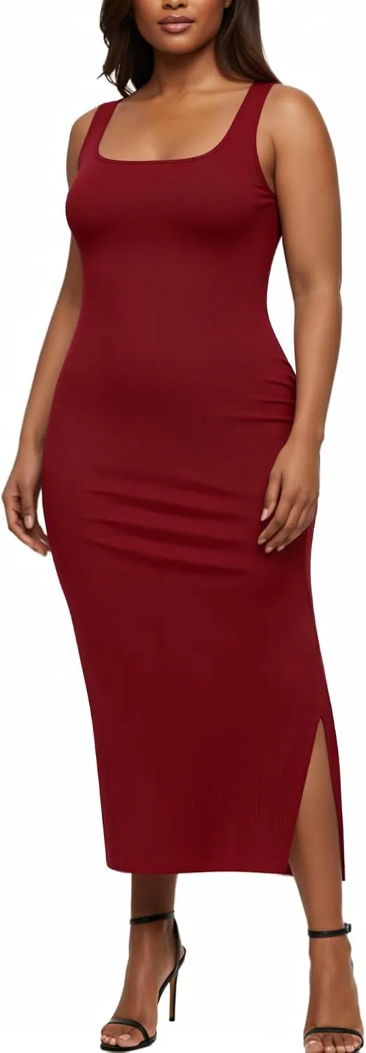 Womens Plus Size Summer Tank Dress Long Ribbed Square Neck Sleeveless Bodycon Sun Dress 2025