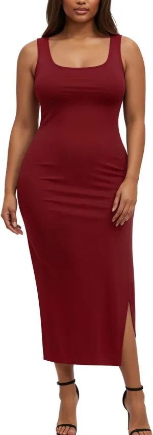 Womens Plus Size Summer Tank Dress Long Ribbed Square Neck Sleeveless Bodycon Sun Dress 2025