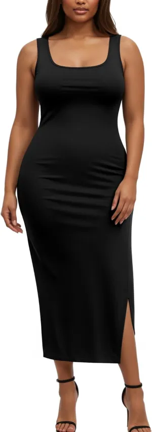 Womens Plus Size Summer Tank Dress Long Ribbed Square Neck Sleeveless Bodycon Sun Dress 2025