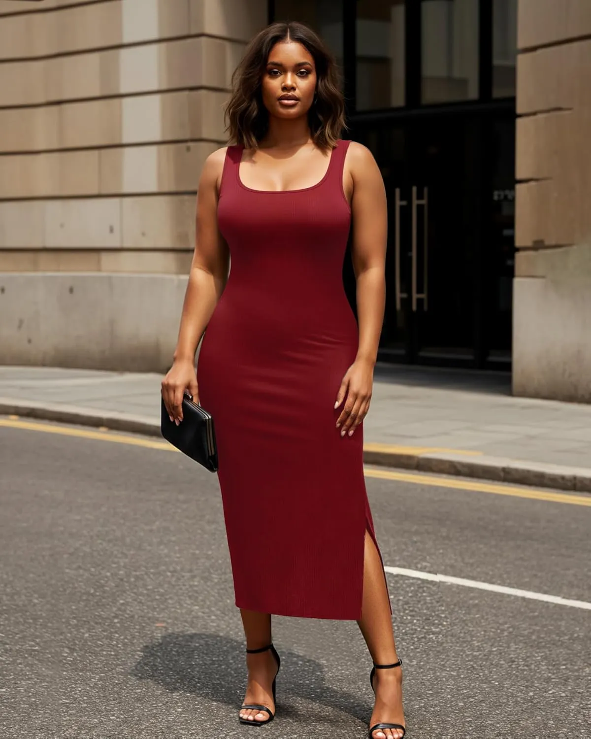 Womens Plus Size Summer Tank Dress Long Ribbed Square Neck Sleeveless Bodycon Sun Dress 2025