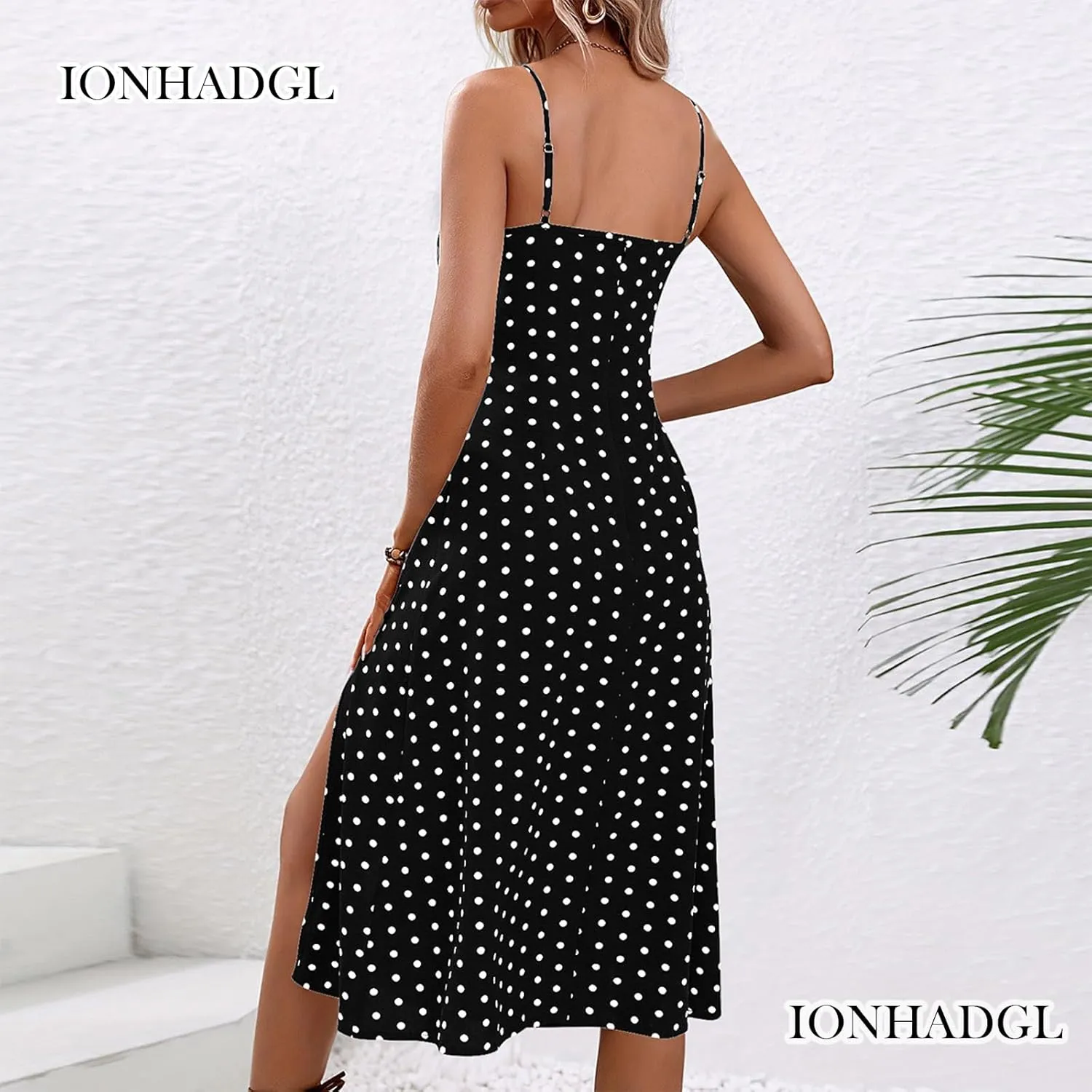 Womens Polka Dot Sundresses Spaghetti Strap Summer Dresses Slim Fit Side Slit Midi Dress Sexy A Line Beach Dress