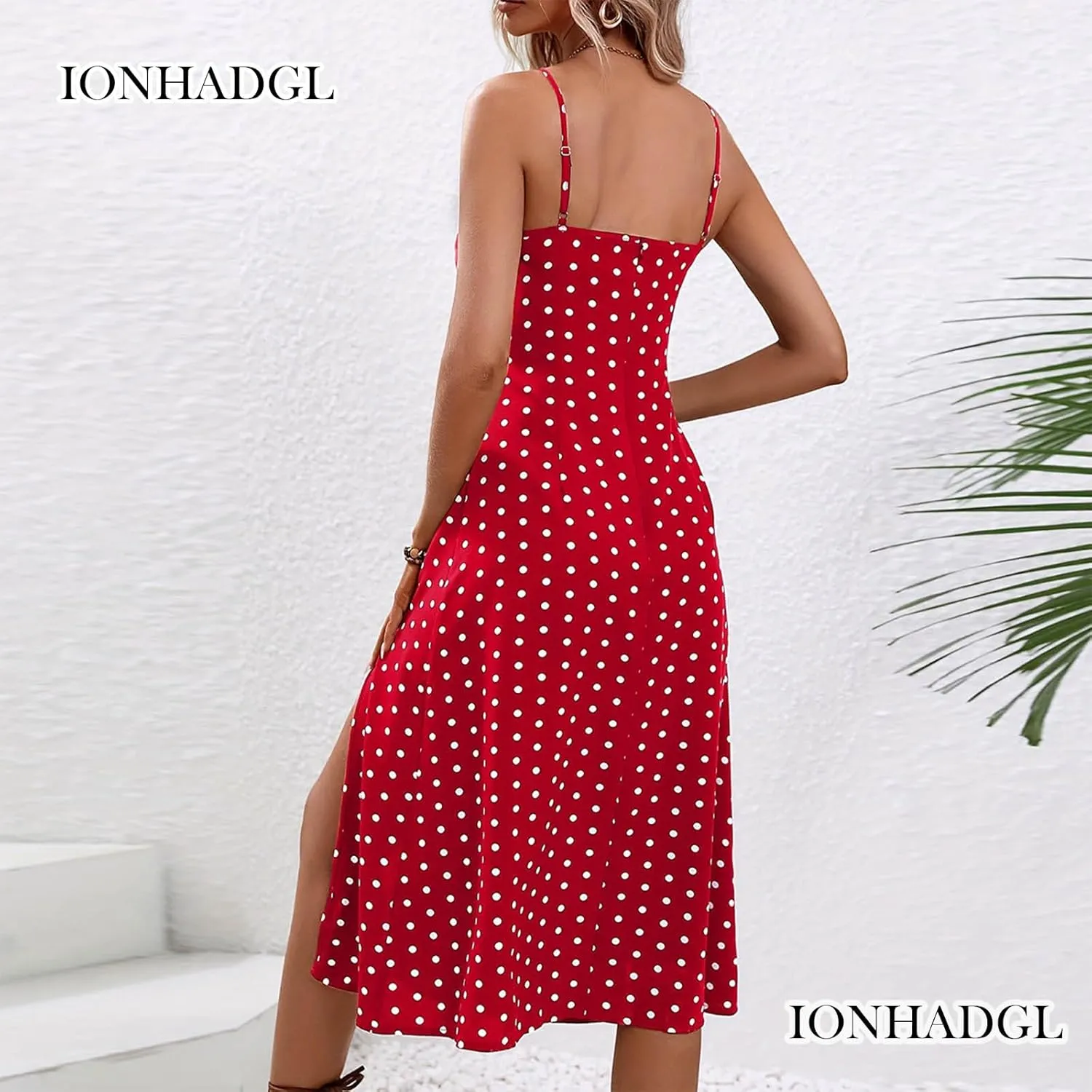 Womens Polka Dot Sundresses Spaghetti Strap Summer Dresses Slim Fit Side Slit Midi Dress Sexy A Line Beach Dress