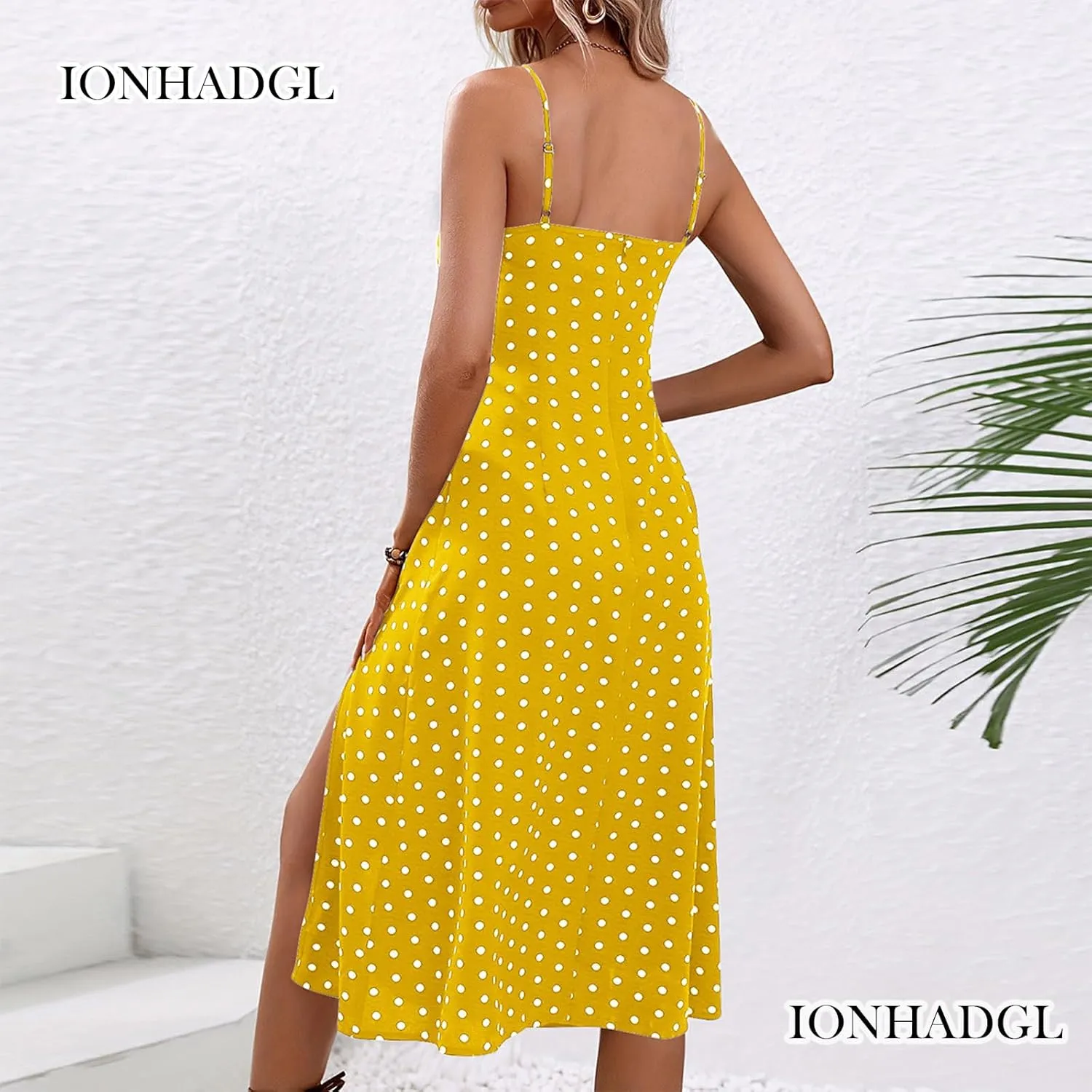 Womens Polka Dot Sundresses Spaghetti Strap Summer Dresses Slim Fit Side Slit Midi Dress Sexy A Line Beach Dress