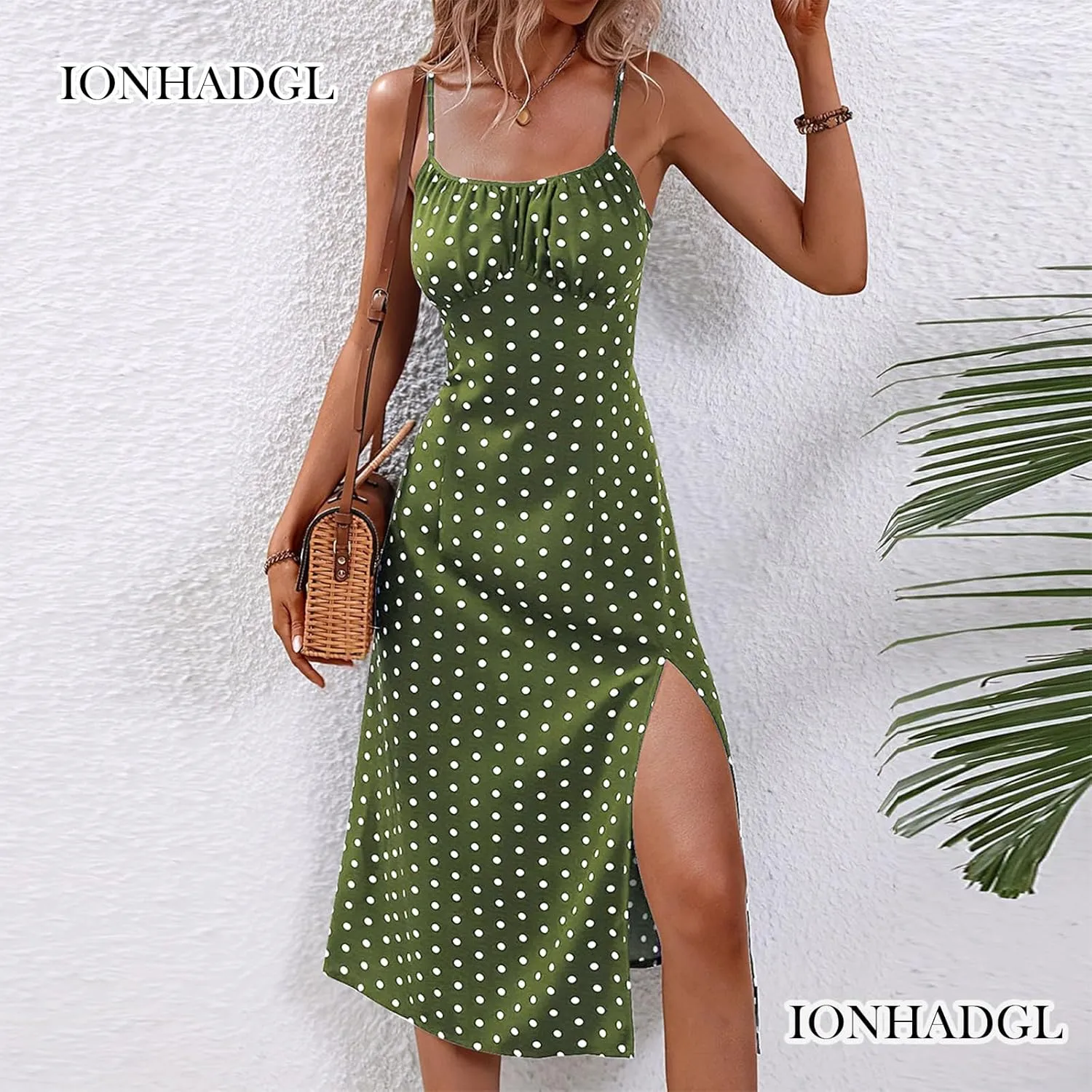 Womens Polka Dot Sundresses Spaghetti Strap Summer Dresses Slim Fit Side Slit Midi Dress Sexy A Line Beach Dress