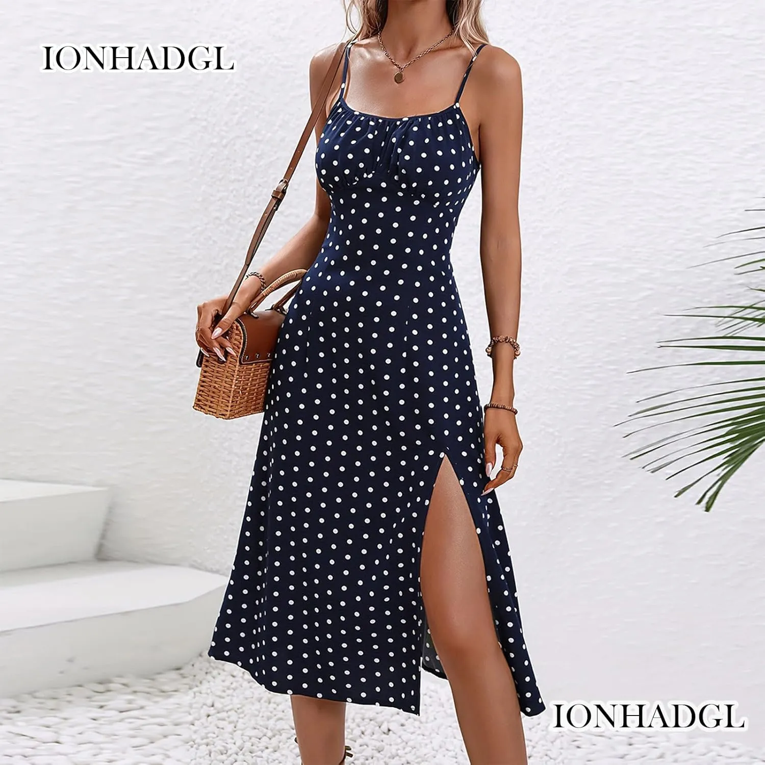 Womens Polka Dot Sundresses Spaghetti Strap Summer Dresses Slim Fit Side Slit Midi Dress Sexy A Line Beach Dress