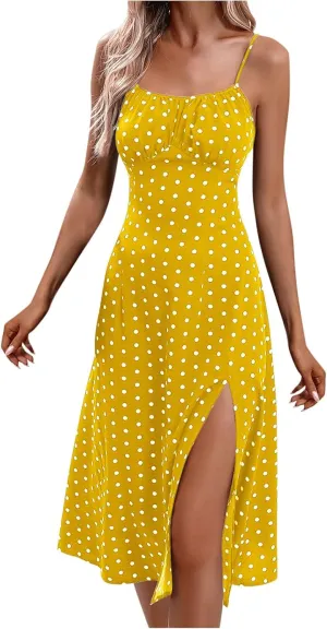 Womens Polka Dot Sundresses Spaghetti Strap Summer Dresses Slim Fit Side Slit Midi Dress Sexy A Line Beach Dress
