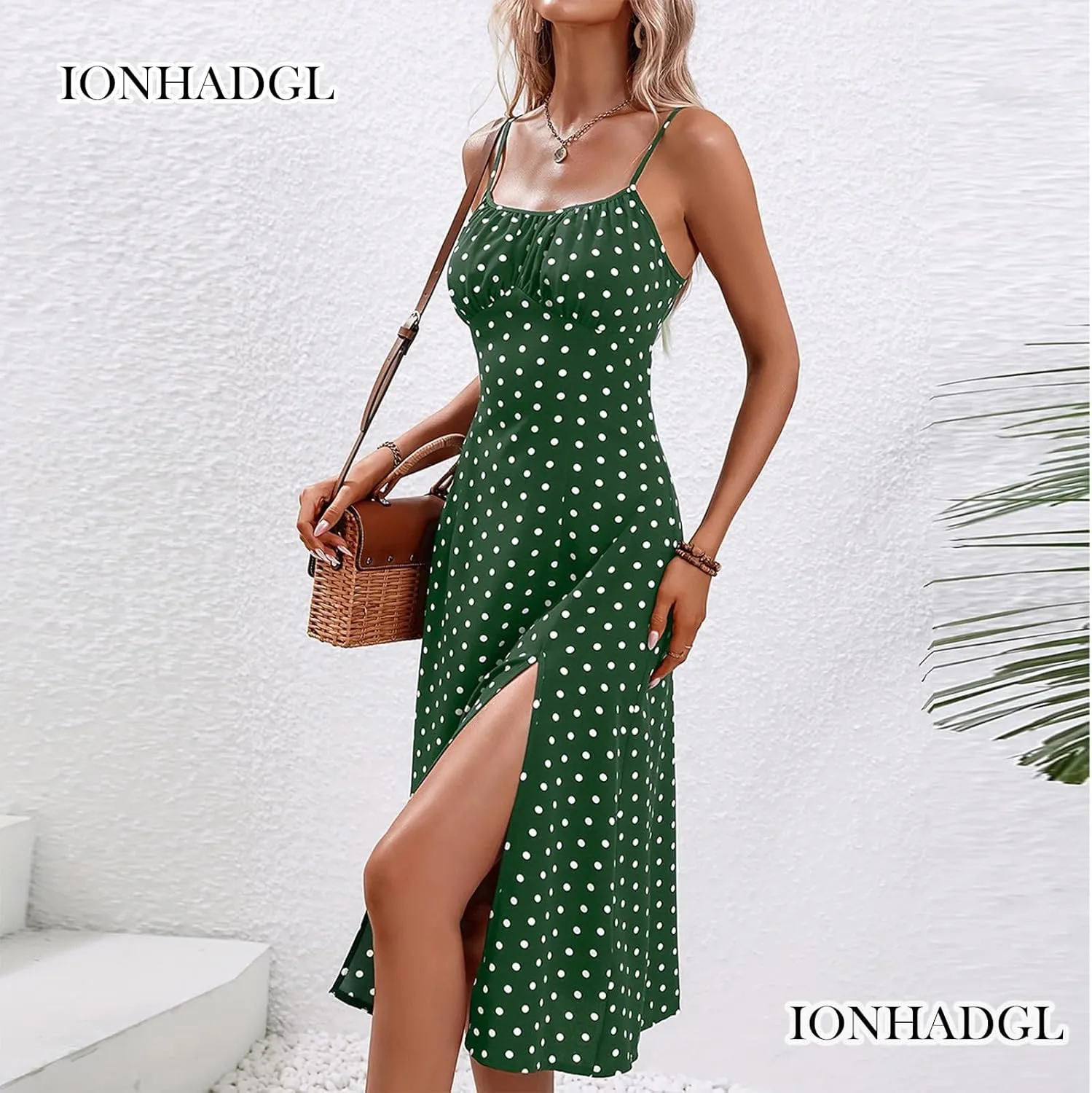 Womens Polka Dot Sundresses Spaghetti Strap Summer Dresses Slim Fit Side Slit Midi Dress Sexy A Line Beach Dress