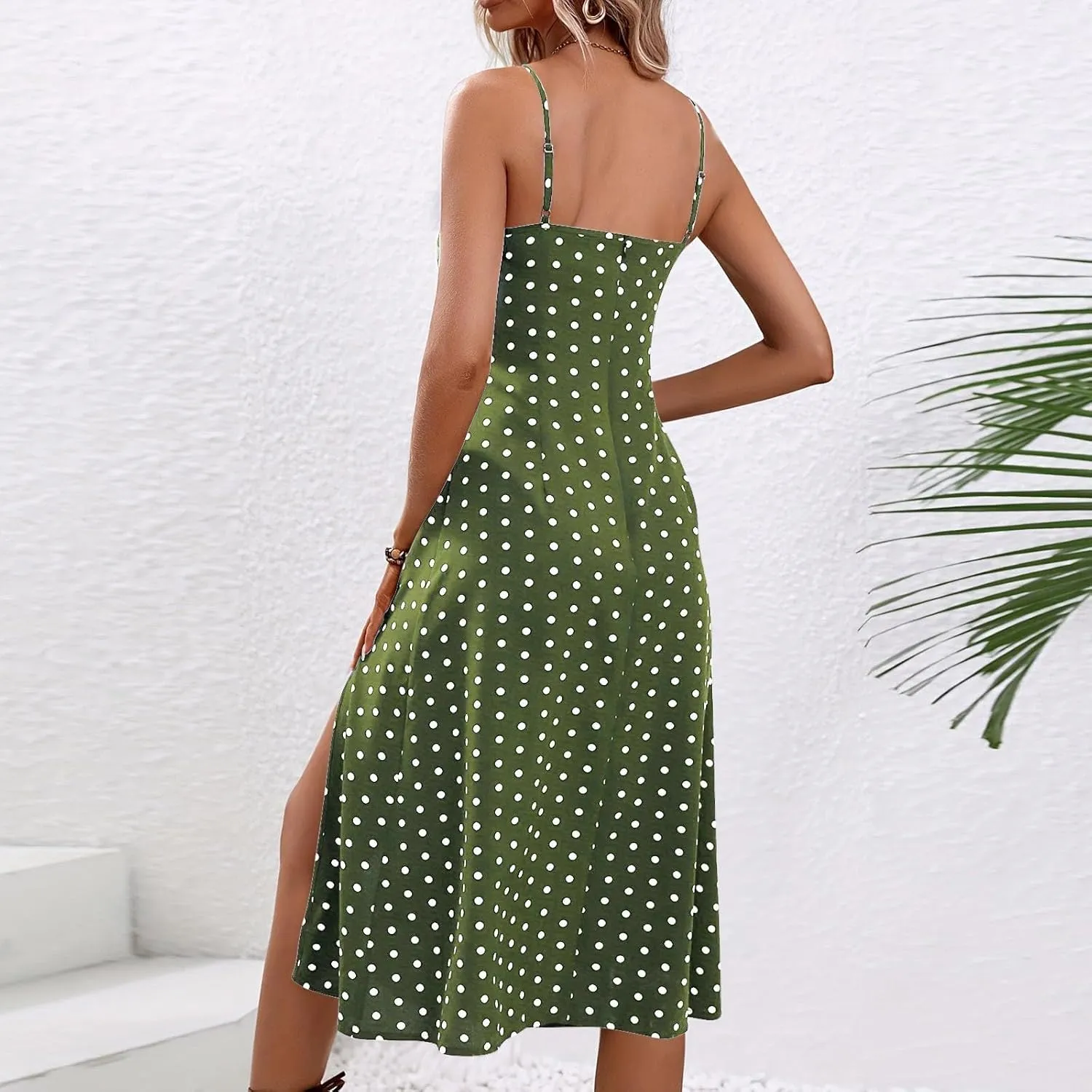 Womens Polka Dot Sundresses Spaghetti Strap Summer Dresses Slim Fit Side Slit Midi Dress Sexy A Line Beach Dress