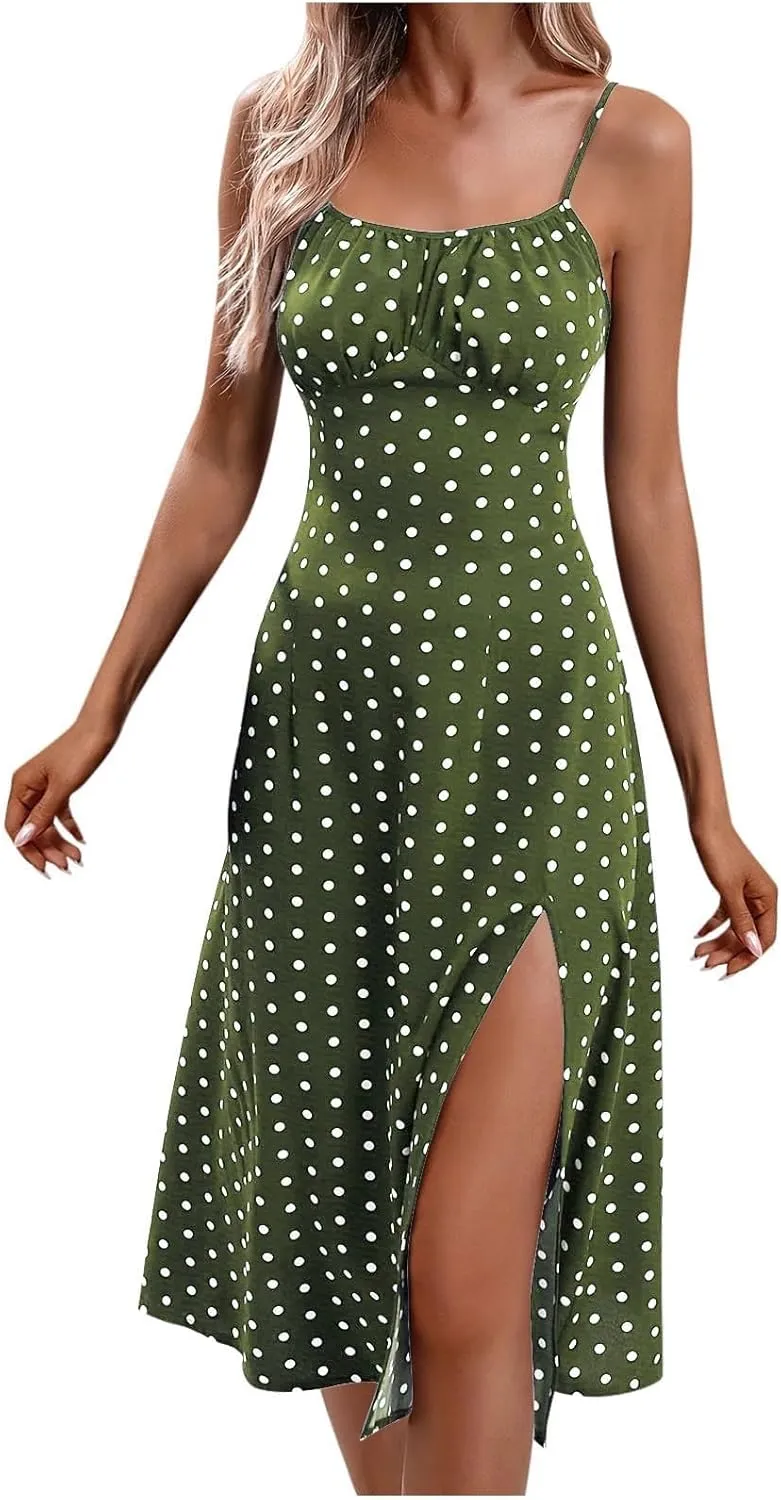 Womens Polka Dot Sundresses Spaghetti Strap Summer Dresses Slim Fit Side Slit Midi Dress Sexy A Line Beach Dress