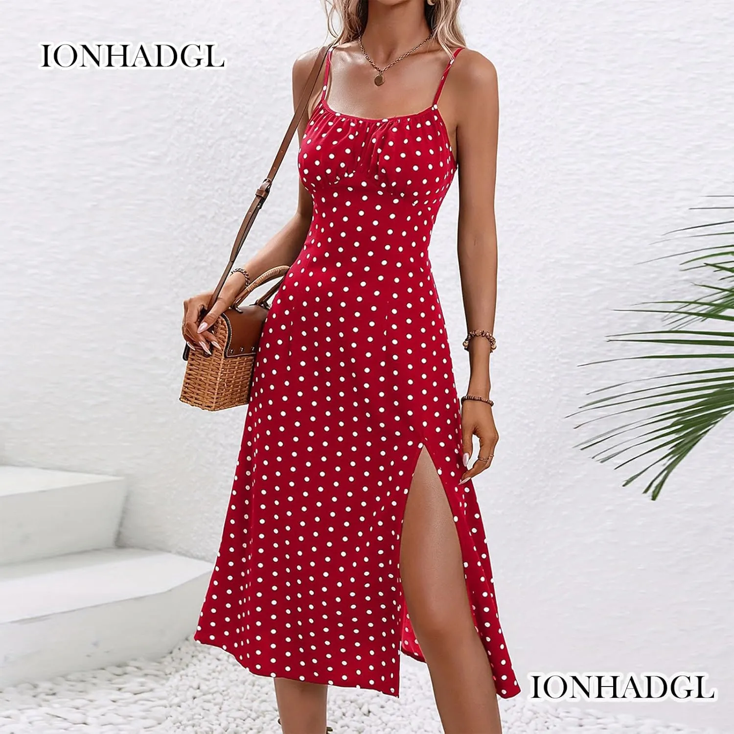 Womens Polka Dot Sundresses Spaghetti Strap Summer Dresses Slim Fit Side Slit Midi Dress Sexy A Line Beach Dress