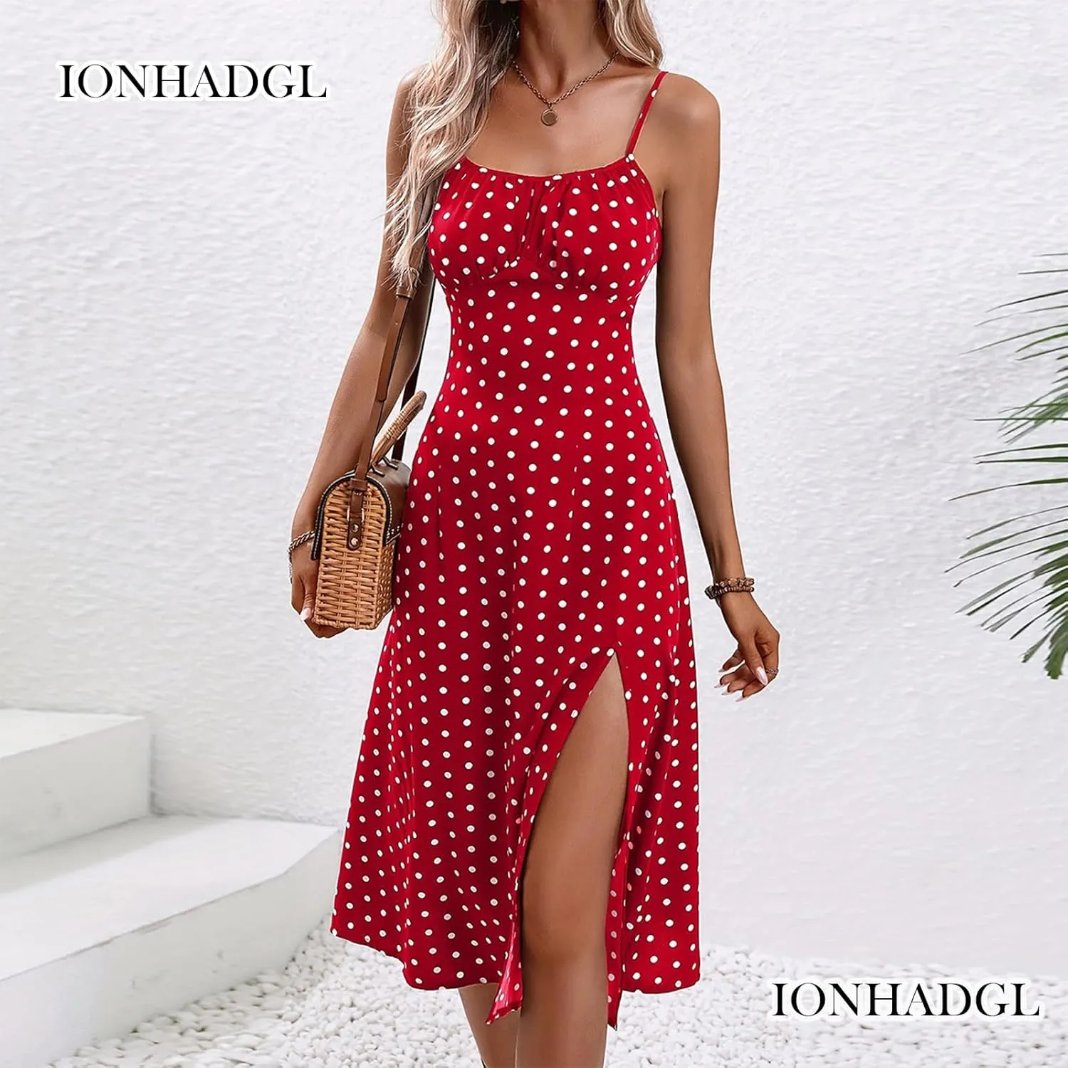 Womens Polka Dot Sundresses Spaghetti Strap Summer Dresses Slim Fit Side Slit Midi Dress Sexy A Line Beach Dress