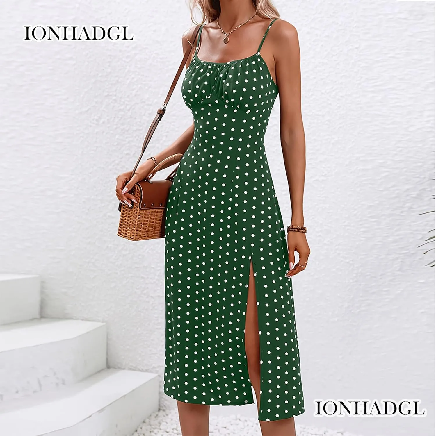 Womens Polka Dot Sundresses Spaghetti Strap Summer Dresses Slim Fit Side Slit Midi Dress Sexy A Line Beach Dress