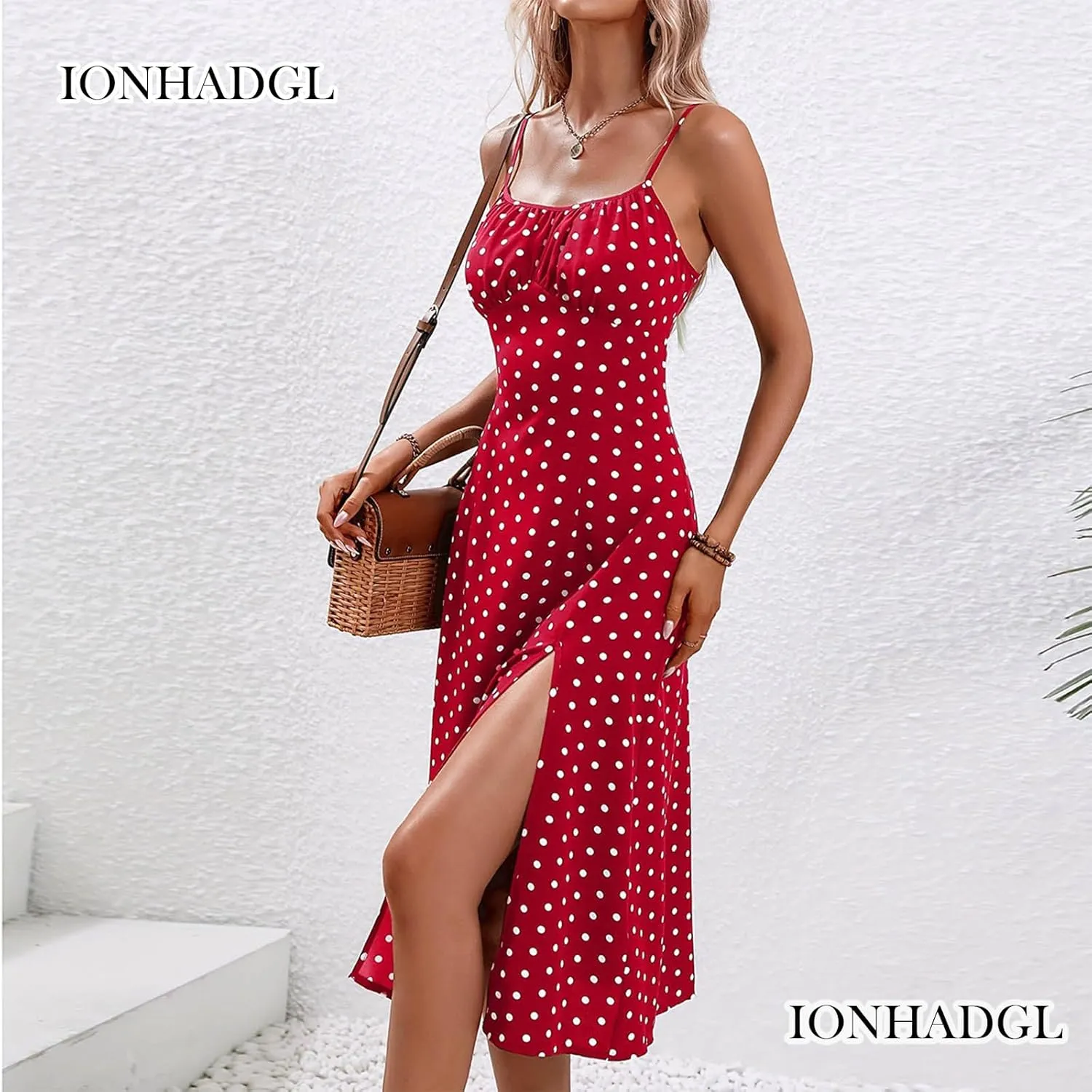 Womens Polka Dot Sundresses Spaghetti Strap Summer Dresses Slim Fit Side Slit Midi Dress Sexy A Line Beach Dress