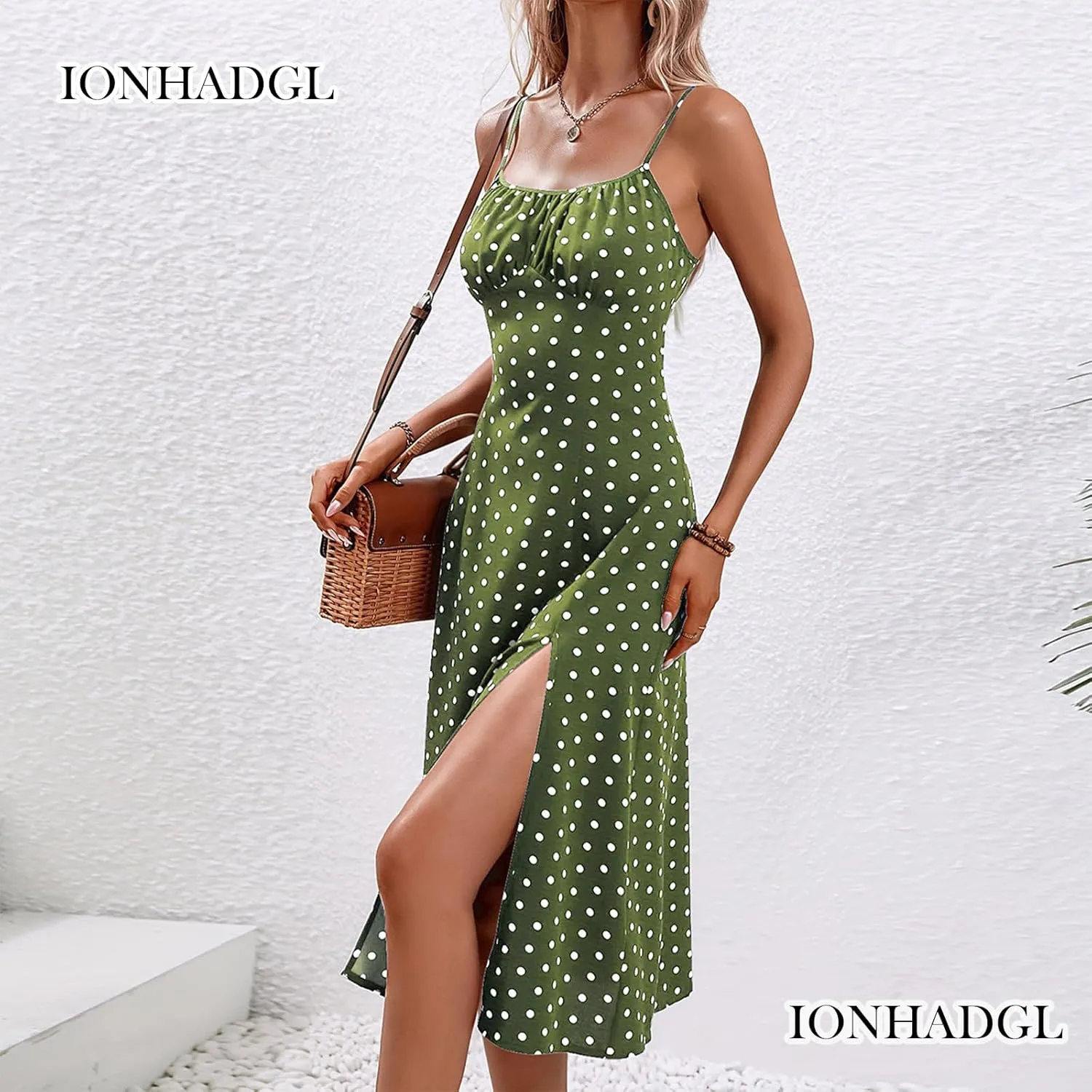Womens Polka Dot Sundresses Spaghetti Strap Summer Dresses Slim Fit Side Slit Midi Dress Sexy A Line Beach Dress