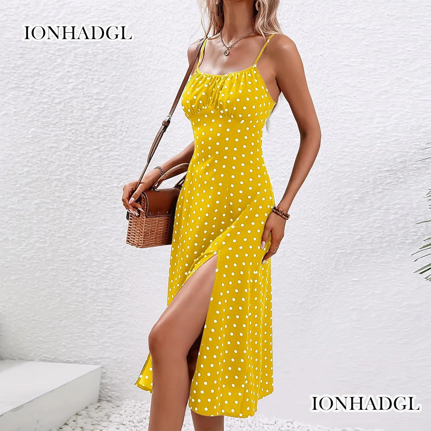 Womens Polka Dot Sundresses Spaghetti Strap Summer Dresses Slim Fit Side Slit Midi Dress Sexy A Line Beach Dress