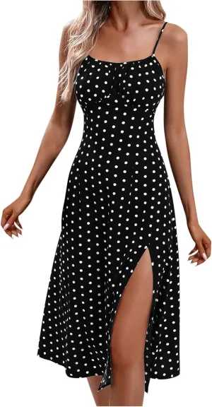 Womens Polka Dot Sundresses Spaghetti Strap Summer Dresses Slim Fit Side Slit Midi Dress Sexy A Line Beach Dress