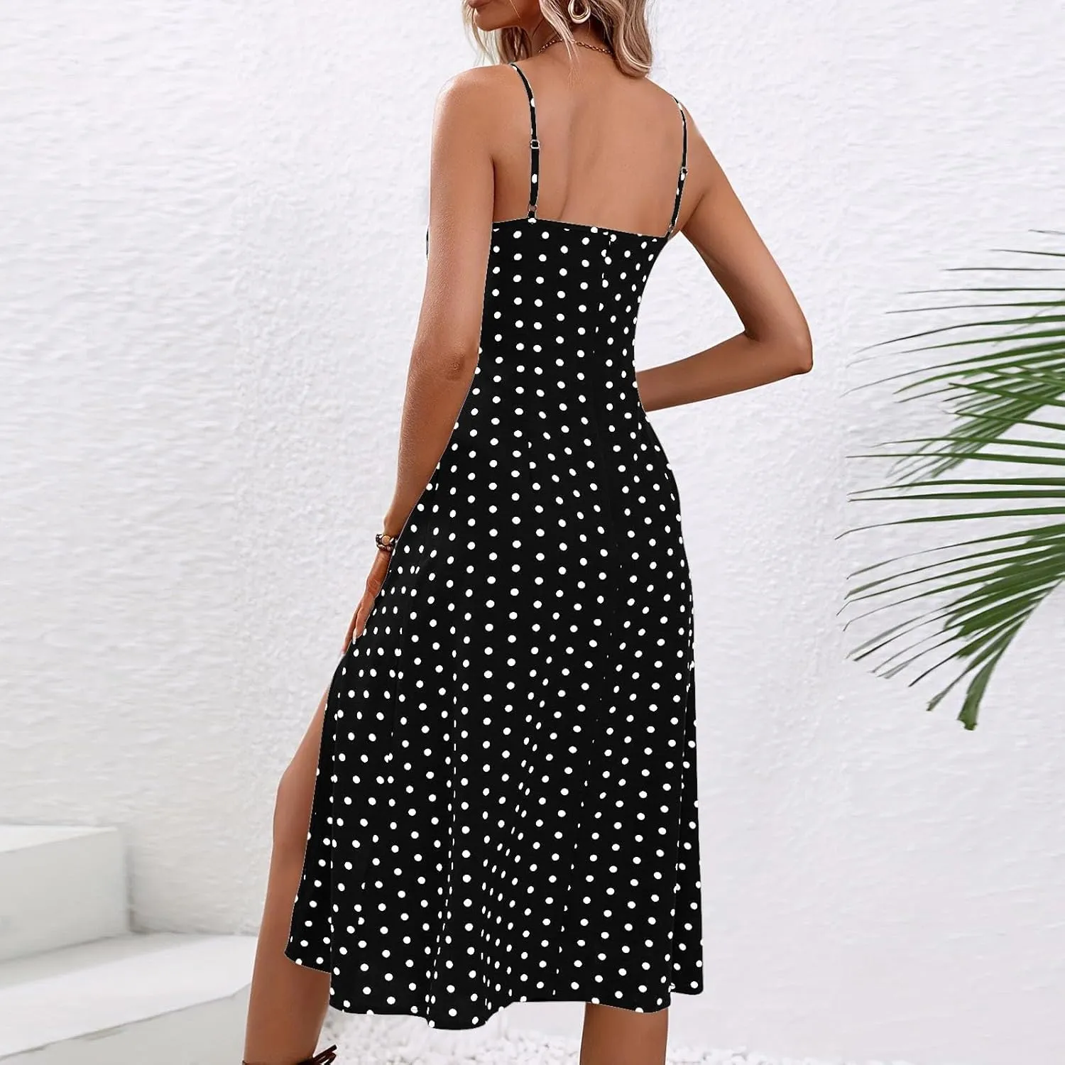 Womens Polka Dot Sundresses Spaghetti Strap Summer Dresses Slim Fit Side Slit Midi Dress Sexy A Line Beach Dress
