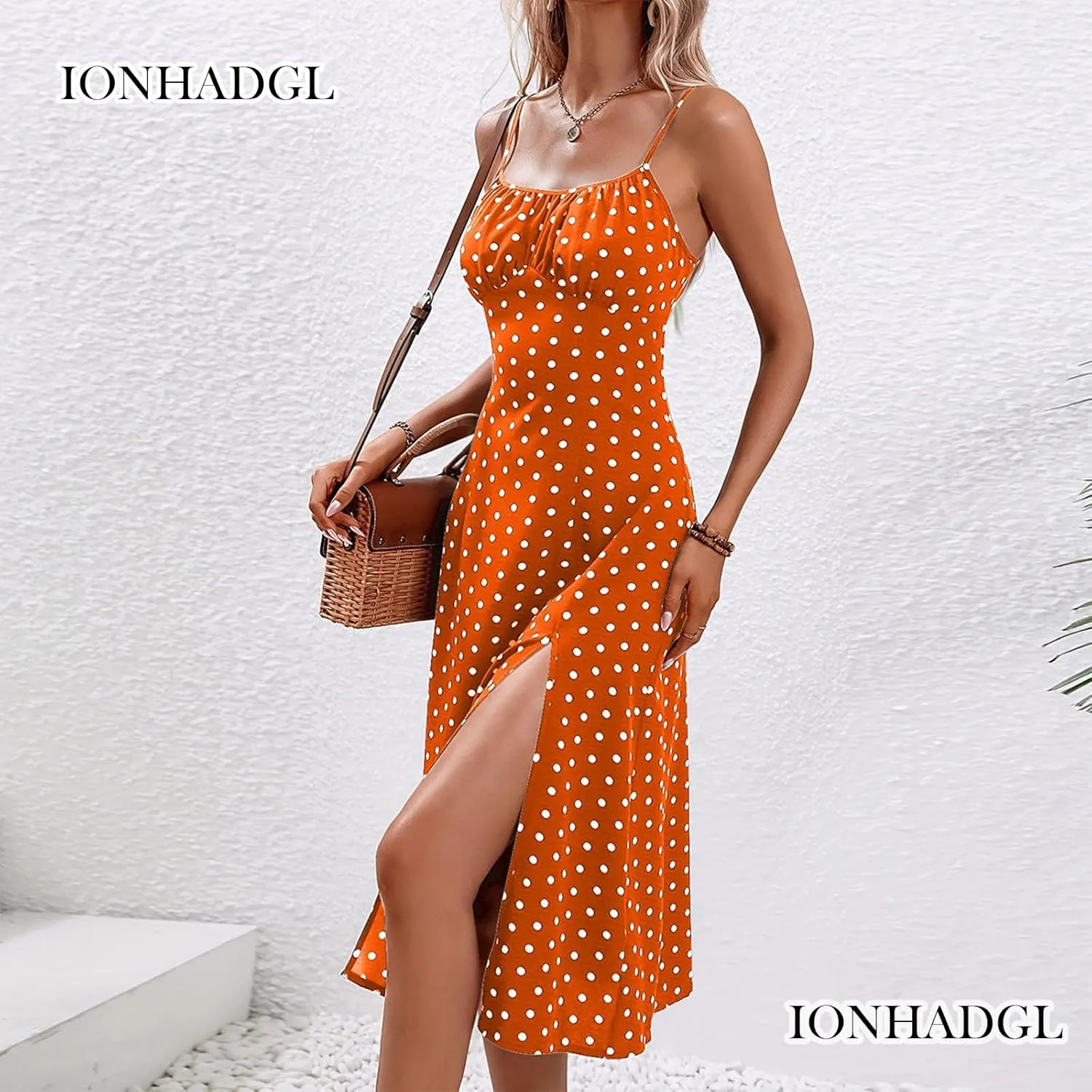 Womens Polka Dot Sundresses Spaghetti Strap Summer Dresses Slim Fit Side Slit Midi Dress Sexy A Line Beach Dress