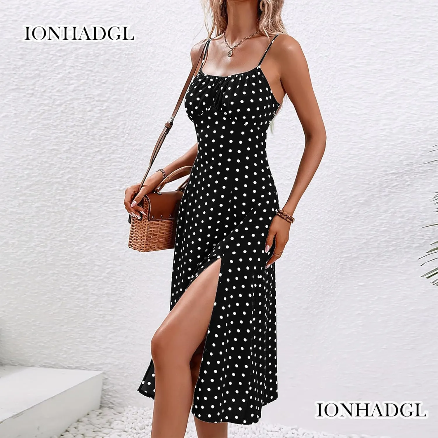 Womens Polka Dot Sundresses Spaghetti Strap Summer Dresses Slim Fit Side Slit Midi Dress Sexy A Line Beach Dress