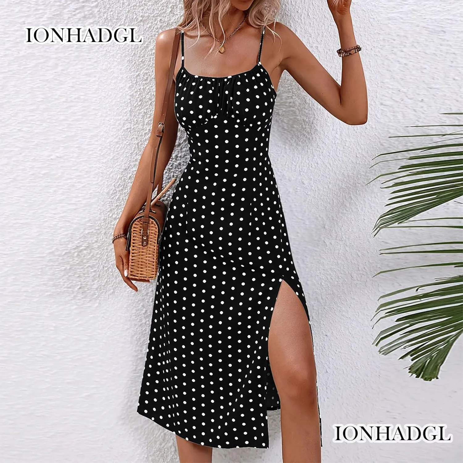 Womens Polka Dot Sundresses Spaghetti Strap Summer Dresses Slim Fit Side Slit Midi Dress Sexy A Line Beach Dress