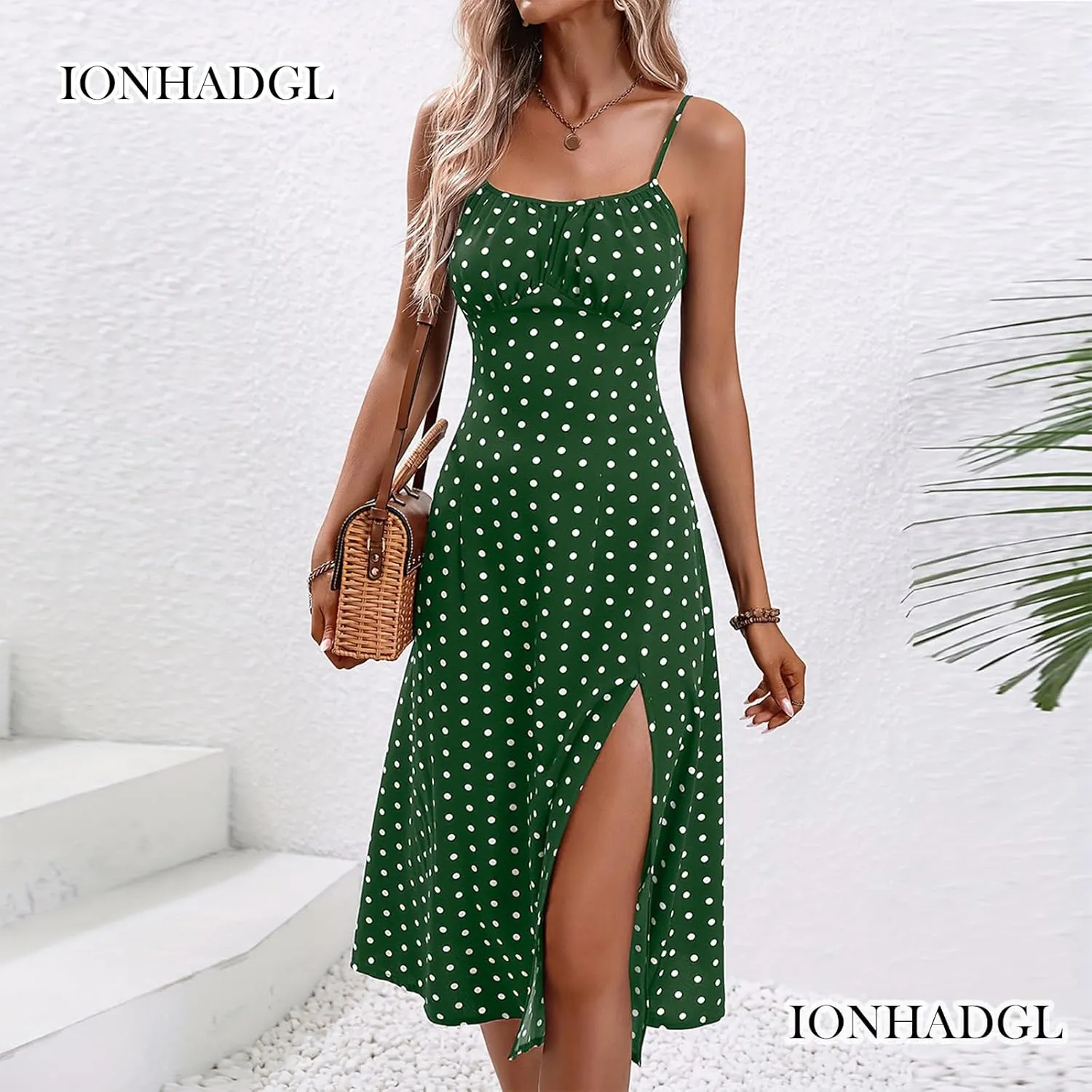 Womens Polka Dot Sundresses Spaghetti Strap Summer Dresses Slim Fit Side Slit Midi Dress Sexy A Line Beach Dress