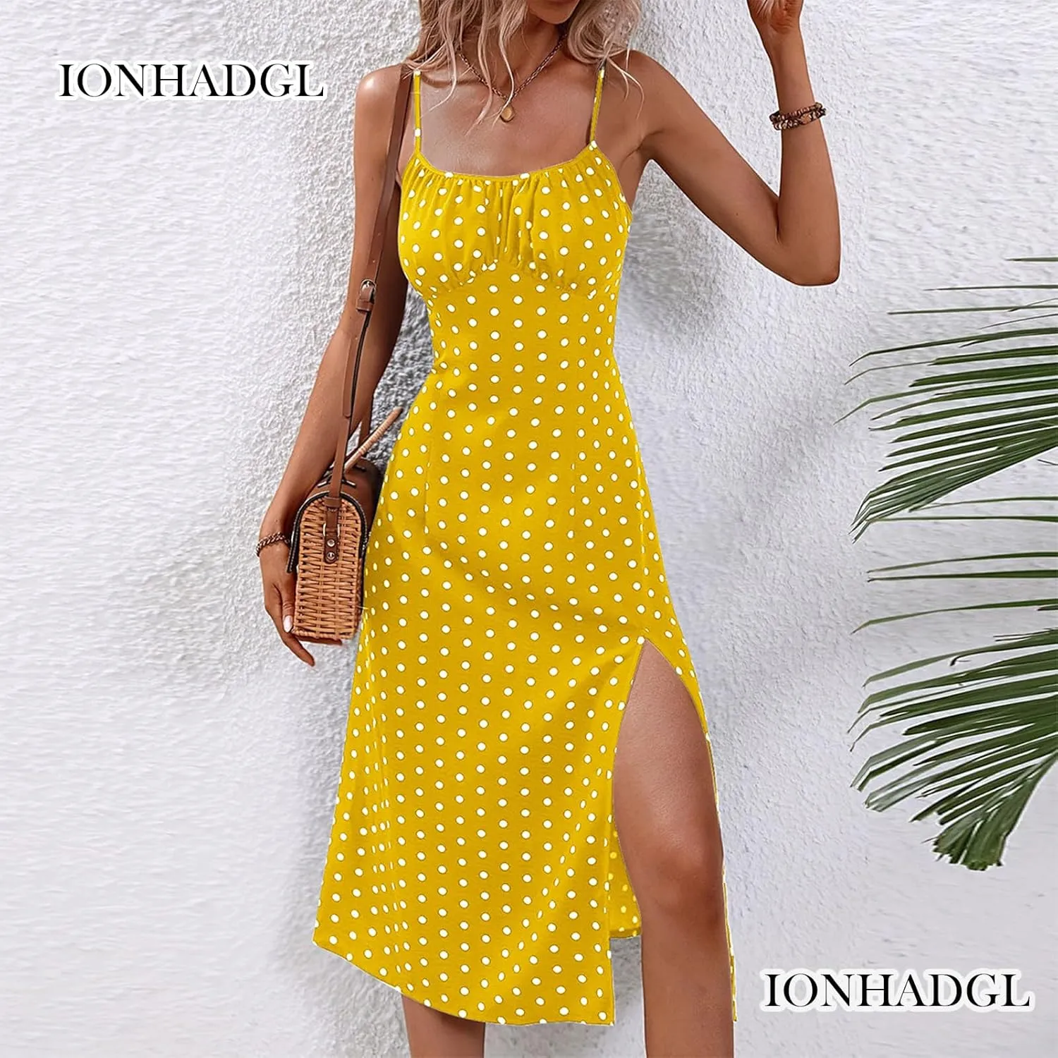 Womens Polka Dot Sundresses Spaghetti Strap Summer Dresses Slim Fit Side Slit Midi Dress Sexy A Line Beach Dress