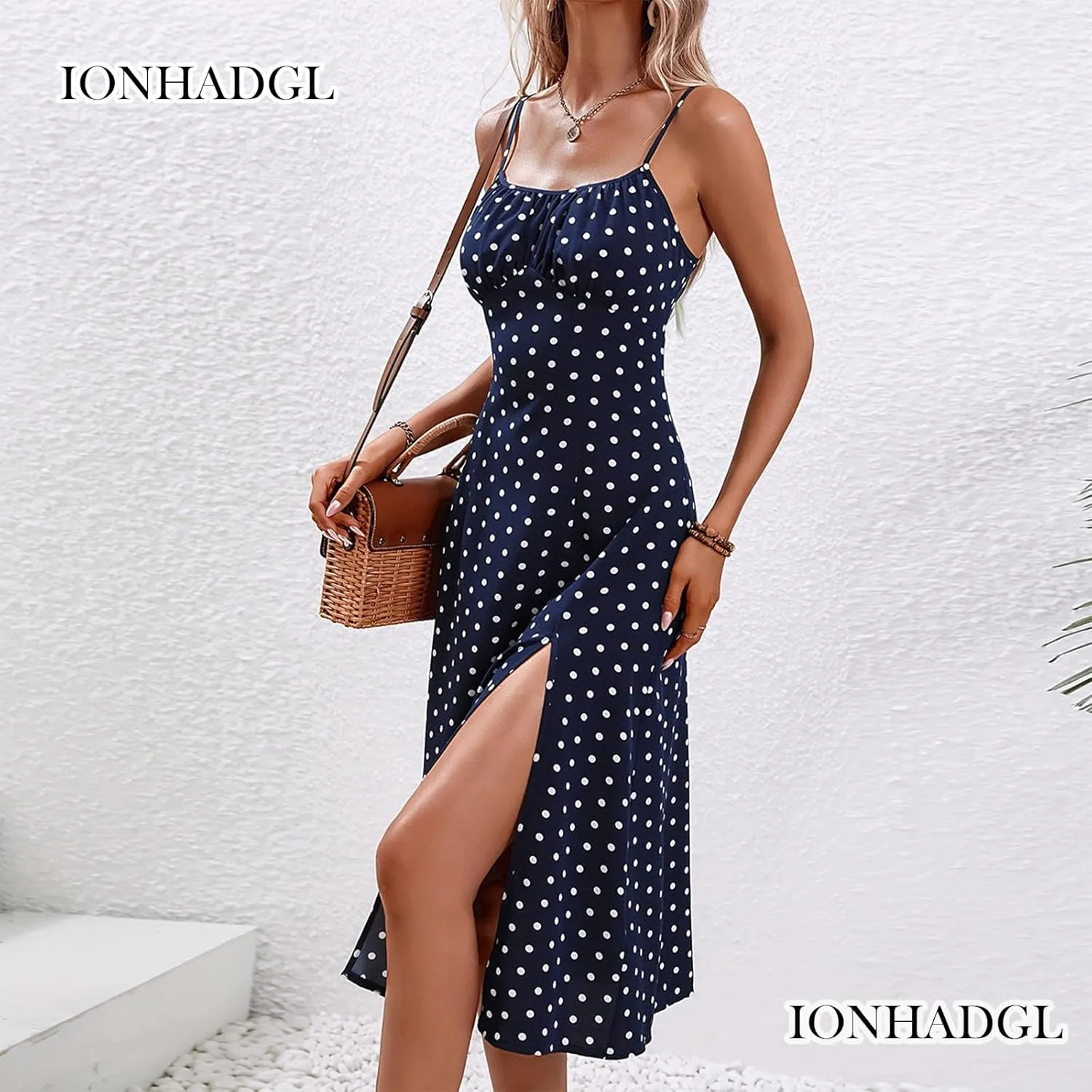 Womens Polka Dot Sundresses Spaghetti Strap Summer Dresses Slim Fit Side Slit Midi Dress Sexy A Line Beach Dress