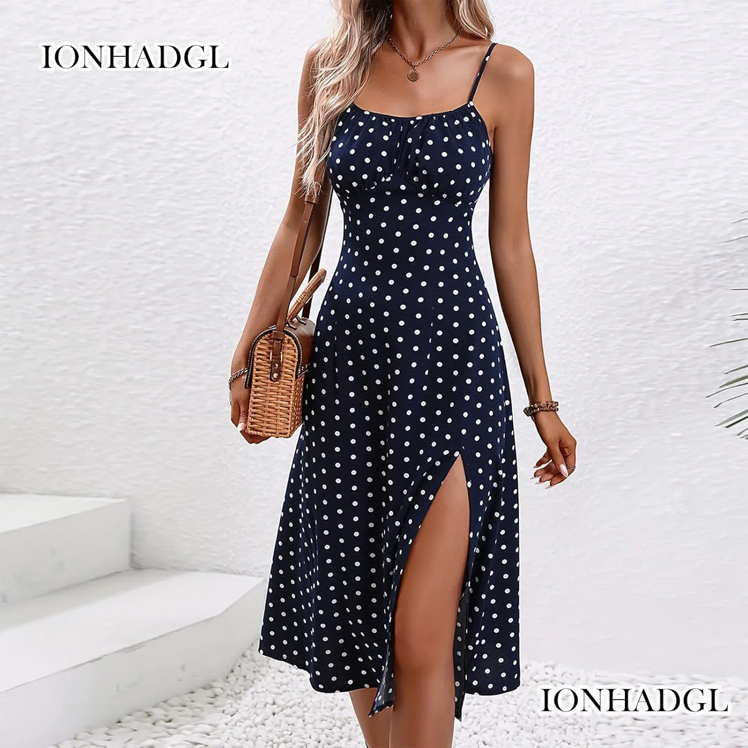 Womens Polka Dot Sundresses Spaghetti Strap Summer Dresses Slim Fit Side Slit Midi Dress Sexy A Line Beach Dress