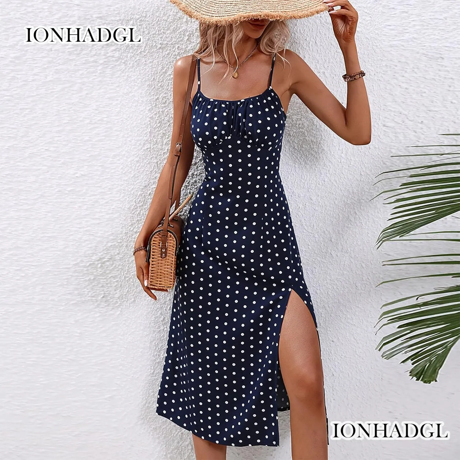 Womens Polka Dot Sundresses Spaghetti Strap Summer Dresses Slim Fit Side Slit Midi Dress Sexy A Line Beach Dress