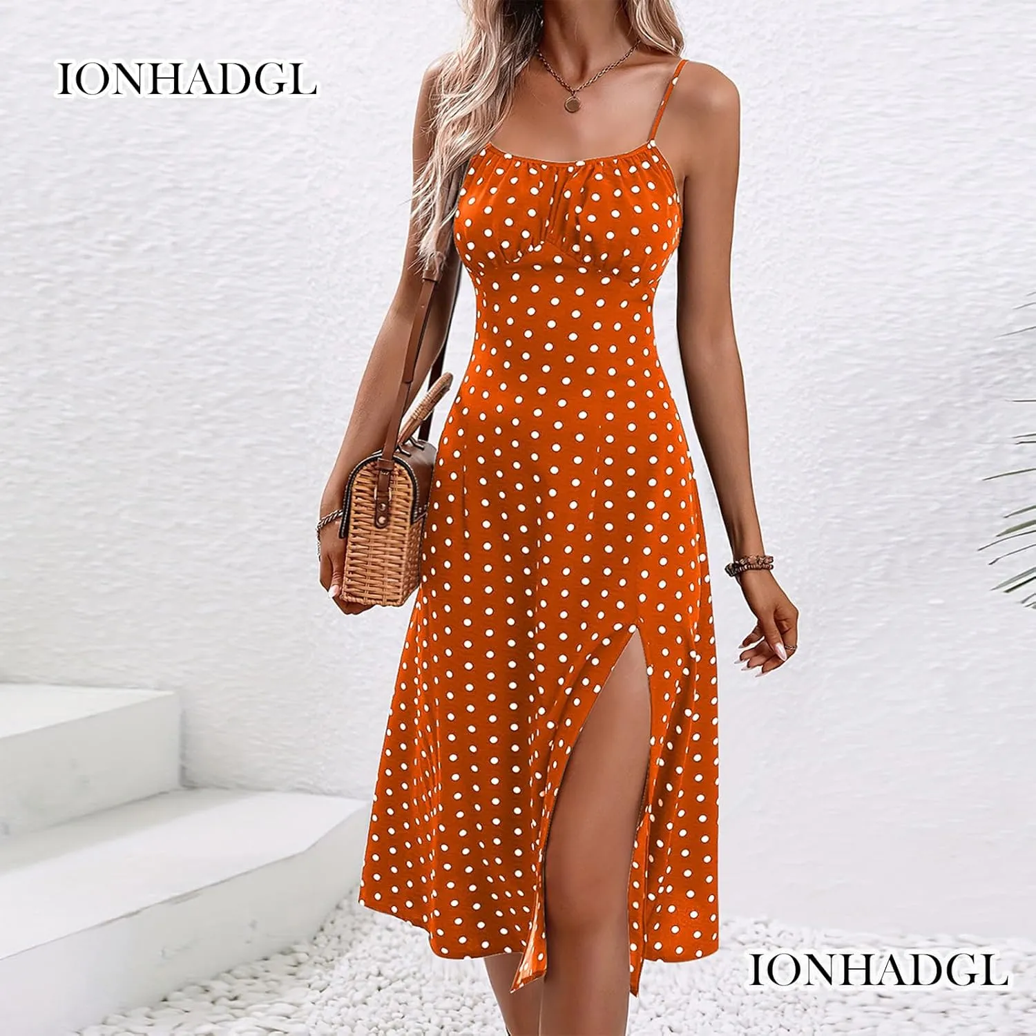 Womens Polka Dot Sundresses Spaghetti Strap Summer Dresses Slim Fit Side Slit Midi Dress Sexy A Line Beach Dress
