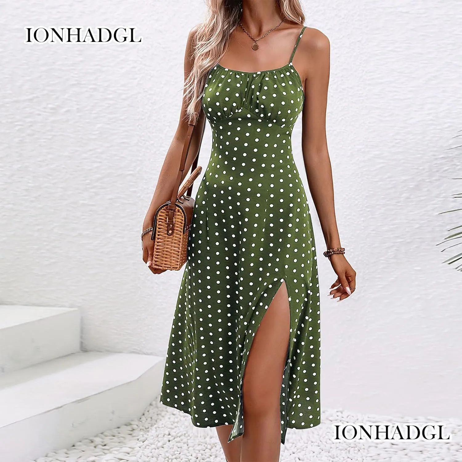 Womens Polka Dot Sundresses Spaghetti Strap Summer Dresses Slim Fit Side Slit Midi Dress Sexy A Line Beach Dress