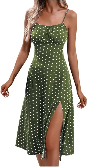 Womens Polka Dot Sundresses Spaghetti Strap Summer Dresses Slim Fit Side Slit Midi Dress Sexy A Line Beach Dress