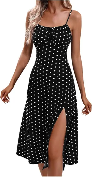 Womens Polka Dot Sundresses Spaghetti Strap Summer Dresses Slim Fit Side Slit Midi Dress Sexy A Line Beach Dress